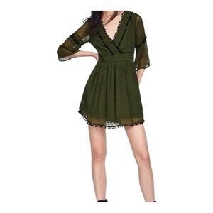 Zara Green Wrap Mini Dress with Ruffled Bishop Sleeves